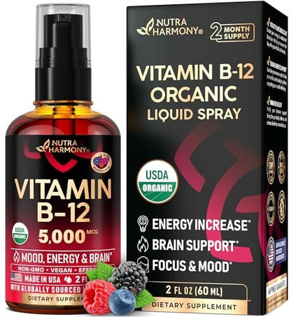 USDA Bio Vitamin B12 Spray – 5000 mcg veganes Methylcobalamin, Energie & Fokus, 2 Monate Vorrat, 60 ml