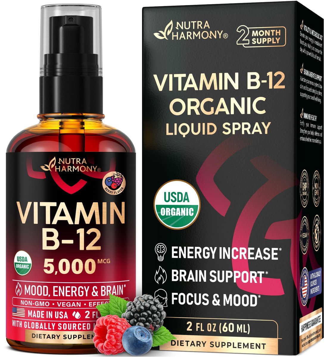 USDA Bio Vitamin B12 Spray – 5000 mcg veganes Methylcobalamin, Energie & Fokus, 2 Monate Vorrat, 60 ml