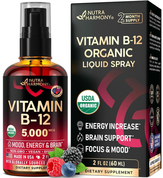 USDA Bio Vitamin B12 Spray – 5000 mcg veganes Methylcobalamin, Energie & Fokus, 2 Monate Vorrat, 60 ml