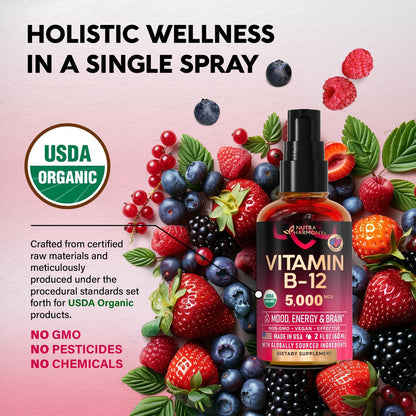 USDA Bio Vitamin B12 Spray – 5000 mcg veganes Methylcobalamin, Energie & Fokus, 2 Monate Vorrat, 60 ml