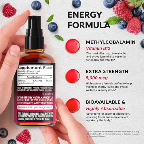 USDA Bio Vitamin B12 Spray – 5000 mcg veganes Methylcobalamin, Energie & Fokus, 2 Monate Vorrat, 60 ml