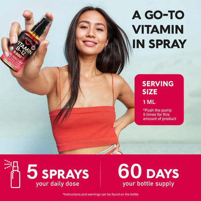 USDA Bio Vitamin B12 Spray – 5000 mcg veganes Methylcobalamin, Energie & Fokus, 2 Monate Vorrat, 60 ml