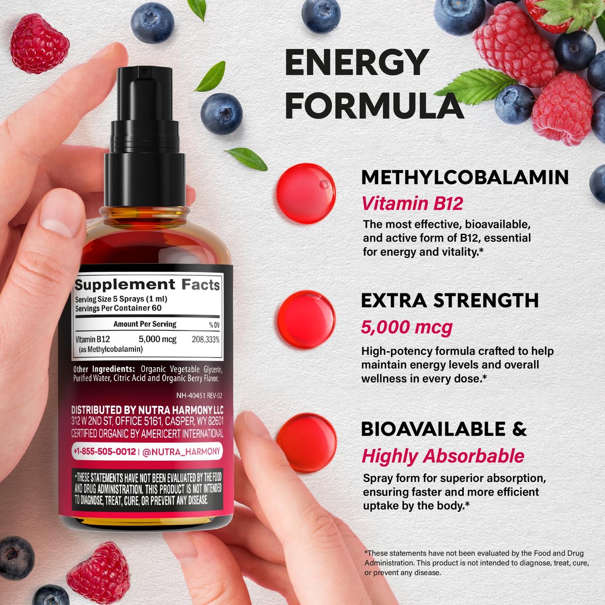 USDA Bio Vitamin B12 Spray – 5000 mcg veganes Methylcobalamin, Energie & Fokus, 2 Monate Vorrat, 60 ml