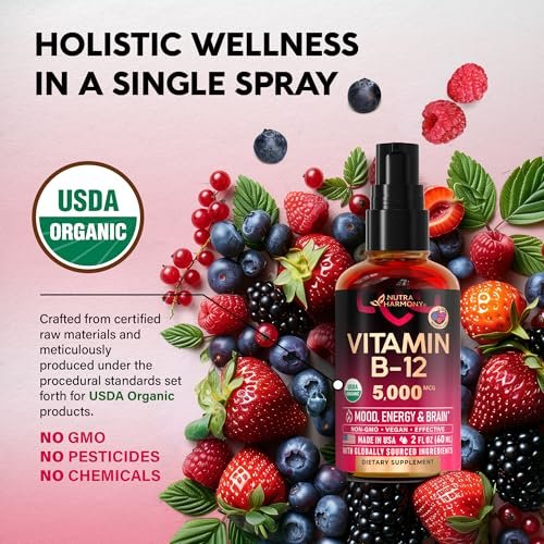 USDA Bio Vitamin B12 Spray – 5000 mcg veganes Methylcobalamin, Energie & Fokus, 2 Monate Vorrat, 60 ml