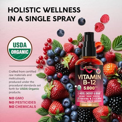 USDA Bio Vitamin B12 Spray – 5000 mcg veganes Methylcobalamin, Energie & Fokus, 2 Monate Vorrat, 60 ml