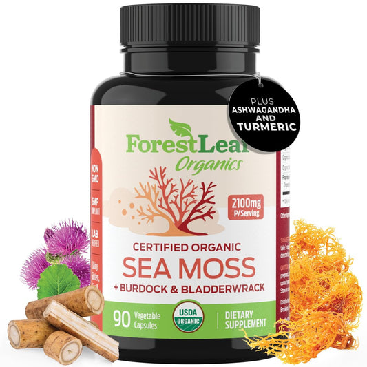 ForestLeaf Bio-Irische Seemoos Kapseln | 2100mg Roh-Seamoos Pillen mit Burdock, Bladderwrack für Verdauungs-, Atemwegs- und Immununterstützung | 90 vegane Kapseln
