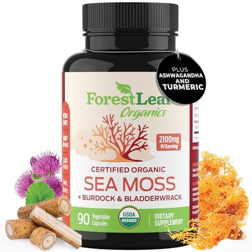 ForestLeaf Bio-Irische Seemoos Kapseln | 2100mg Roh-Seamoos Pillen mit Burdock, Bladderwrack für Verdauungs-, Atemwegs- und Immununterstützung | 90 vegane Kapseln