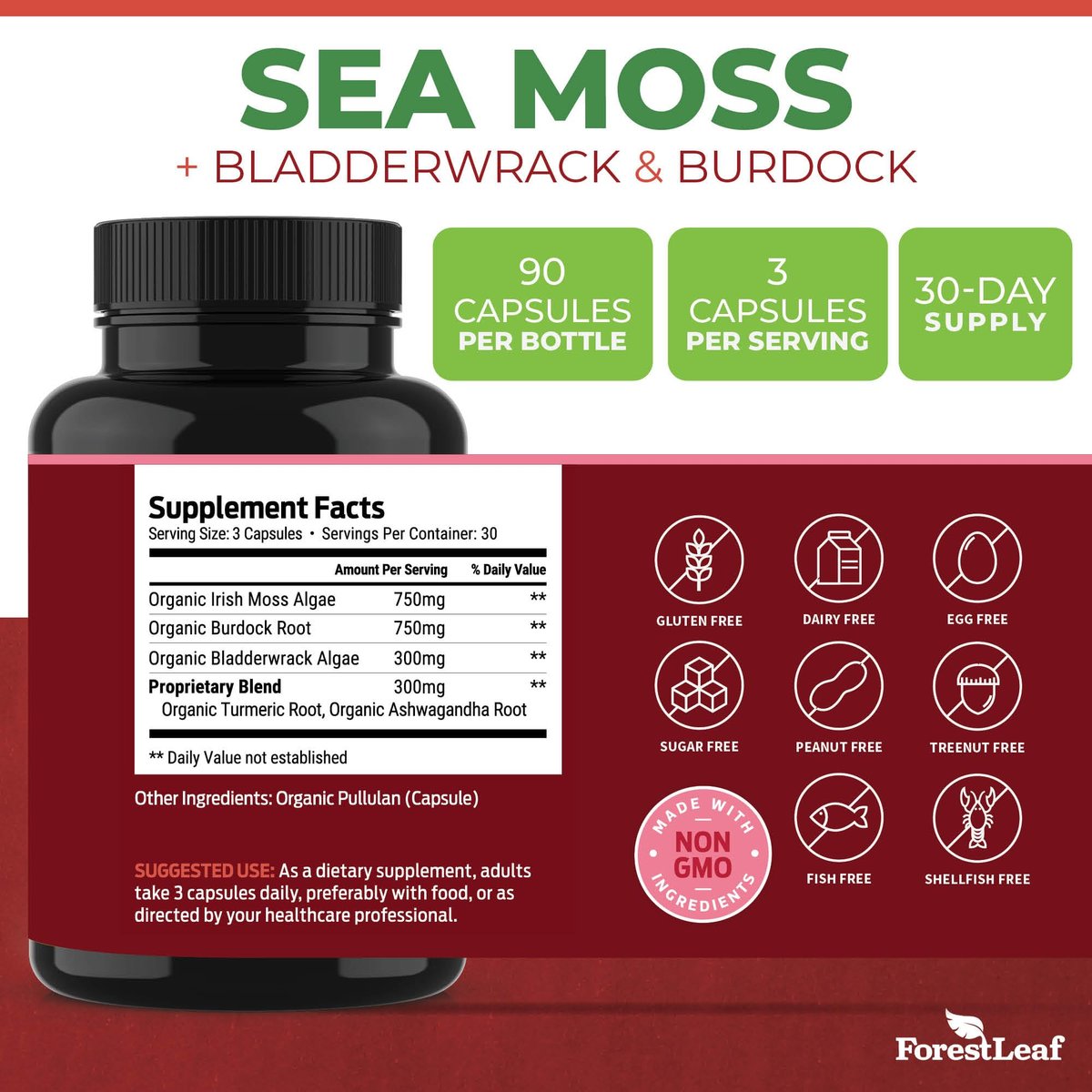 ForestLeaf Bio-Irische Seemoos Kapseln | 2100mg Roh-Seamoos Pillen mit Burdock, Bladderwrack für Verdauungs-, Atemwegs- und Immununterstützung | 90 vegane Kapseln