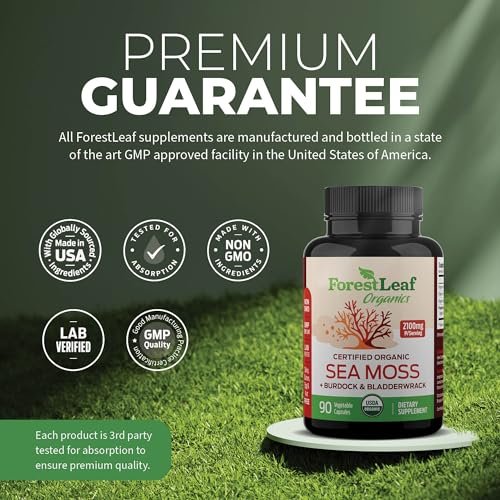 ForestLeaf Bio-Irische Seemoos Kapseln | 2100mg Roh-Seamoos Pillen mit Burdock, Bladderwrack für Verdauungs-, Atemwegs- und Immununterstützung | 90 vegane Kapseln