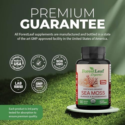 ForestLeaf Bio-Irische Seemoos Kapseln | 2100mg Roh-Seamoos Pillen mit Burdock, Bladderwrack für Verdauungs-, Atemwegs- und Immununterstützung | 90 vegane Kapseln