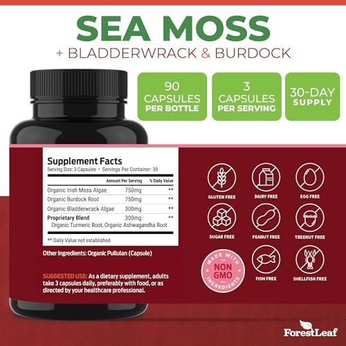 ForestLeaf Bio-Irische Seemoos Kapseln | 2100mg Roh-Seamoos Pillen mit Burdock, Bladderwrack für Verdauungs-, Atemwegs- und Immununterstützung | 90 vegane Kapseln