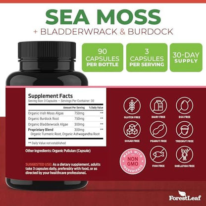 ForestLeaf Bio-Irische Seemoos Kapseln | 2100mg Roh-Seamoos Pillen mit Burdock, Bladderwrack für Verdauungs-, Atemwegs- und Immununterstützung | 90 vegane Kapseln