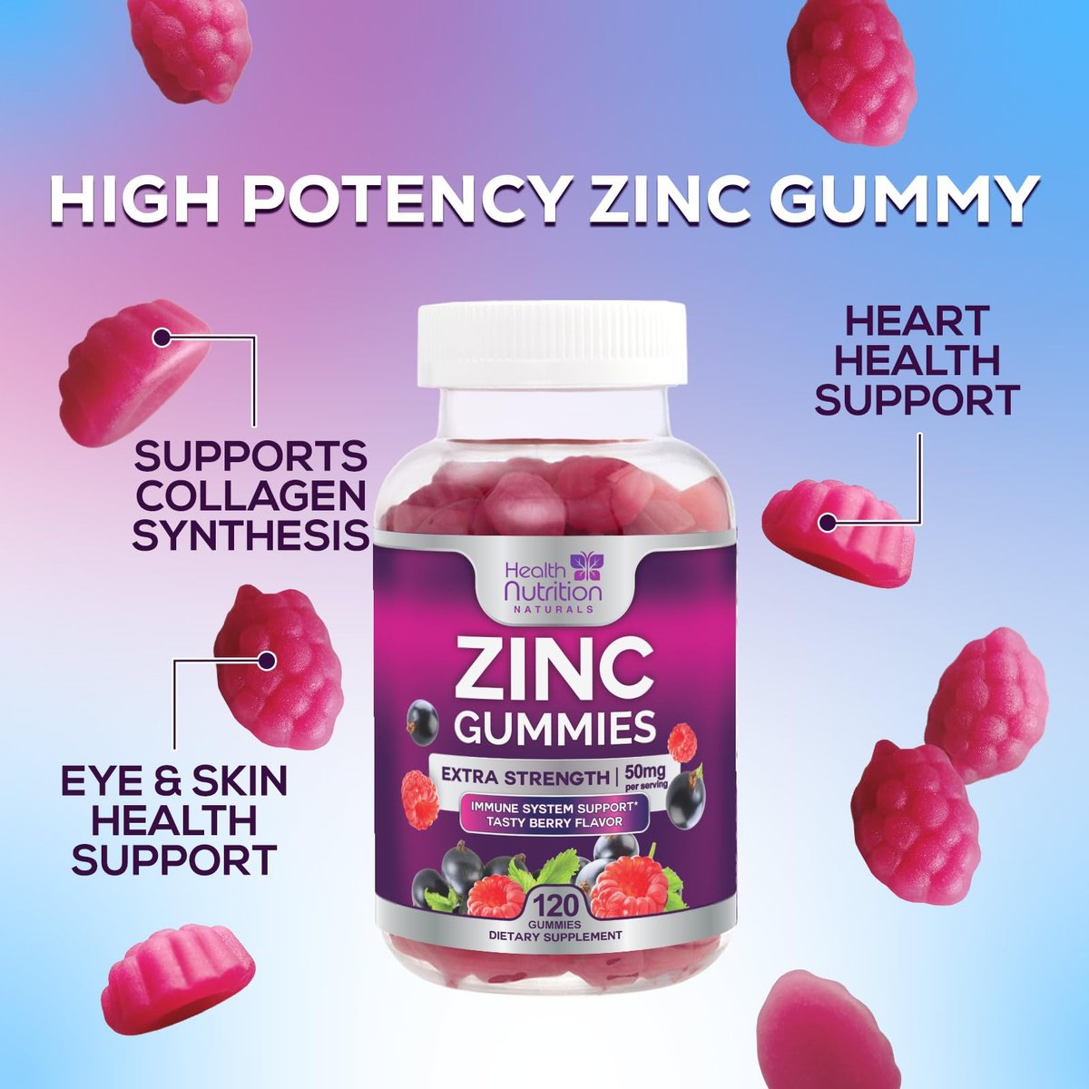 Zink Gummies 50mg pro Portion - Extra starke Immununterstützung, Antioxidans, Gummibärchen, Nicht-GVO & glutenfrei - Bestes Zinkpräparat für Haut, Knochen & Herzgesundheit - Leckerer Beerengeschmack - 120 Gummibärchen