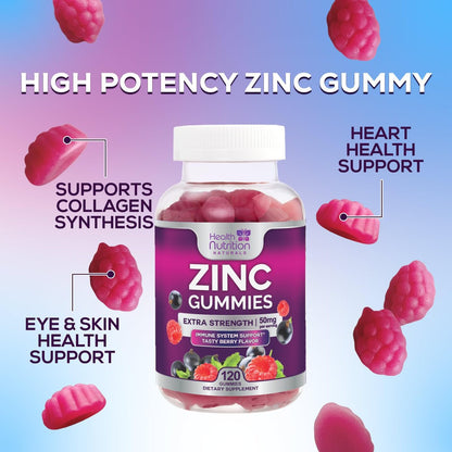 Zink Gummies 50mg pro Portion - Extra starke Immununterstützung, Antioxidans, Gummibärchen, Nicht-GVO & glutenfrei - Bestes Zinkpräparat für Haut, Knochen & Herzgesundheit - Leckerer Beerengeschmack - 120 Gummibärchen