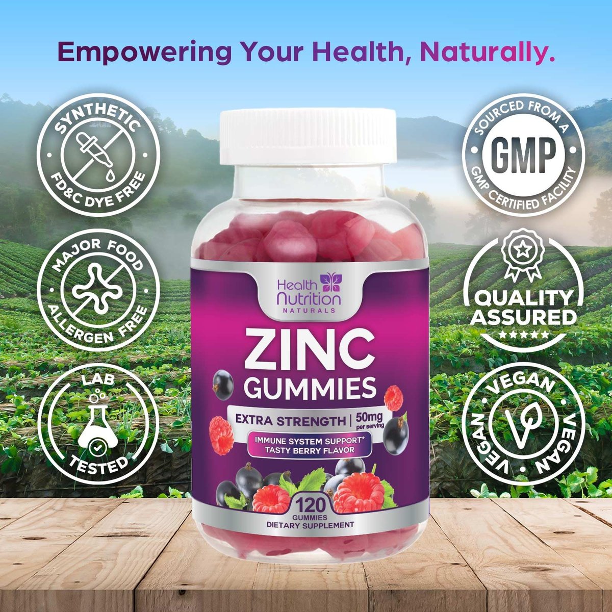 Zink Gummies 50mg pro Portion - Extra starke Immununterstützung, Antioxidans, Gummibärchen, Nicht-GVO & glutenfrei - Bestes Zinkpräparat für Haut, Knochen & Herzgesundheit - Leckerer Beerengeschmack - 120 Gummibärchen