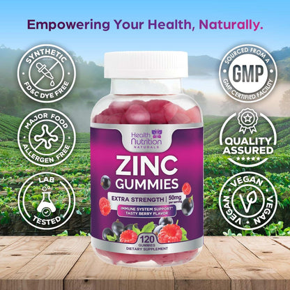 Zink Gummies 50mg pro Portion - Extra starke Immununterstützung, Antioxidans, Gummibärchen, Nicht-GVO & glutenfrei - Bestes Zinkpräparat für Haut, Knochen & Herzgesundheit - Leckerer Beerengeschmack - 120 Gummibärchen