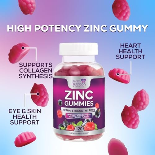 Zink Gummies 50mg pro Portion - Extra starke Immununterstützung, Antioxidans, Gummibärchen, Nicht-GVO & glutenfrei - Bestes Zinkpräparat für Haut, Knochen & Herzgesundheit - Leckerer Beerengeschmack - 120 Gummibärchen