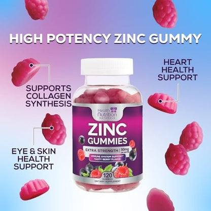 Zink Gummies 50mg pro Portion - Extra starke Immununterstützung, Antioxidans, Gummibärchen, Nicht-GVO & glutenfrei - Bestes Zinkpräparat für Haut, Knochen & Herzgesundheit - Leckerer Beerengeschmack - 120 Gummibärchen