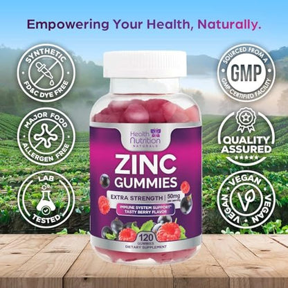 Zink Gummies 50mg pro Portion - Extra starke Immununterstützung, Antioxidans, Gummibärchen, Nicht-GVO & glutenfrei - Bestes Zinkpräparat für Haut, Knochen & Herzgesundheit - Leckerer Beerengeschmack - 120 Gummibärchen