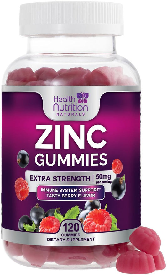 Zink Gummies 50mg pro Portion - Extra starke Immununterstützung, Antioxidans, Gummibärchen, Nicht-GVO & glutenfrei - Bestes Zinkpräparat für Haut, Knochen & Herzgesundheit - Leckerer Beerengeschmack - 120 Gummibärchen