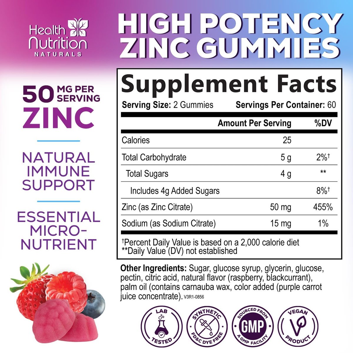 Zink Gummies 50mg pro Portion - Extra starke Immununterstützung, Antioxidans, Gummibärchen, Nicht-GVO & glutenfrei - Bestes Zinkpräparat für Haut, Knochen & Herzgesundheit - Leckerer Beerengeschmack - 120 Gummibärchen