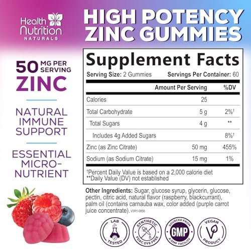 Zink Gummies 50mg pro Portion - Extra starke Immununterstützung, Antioxidans, Gummibärchen, Nicht-GVO & glutenfrei - Bestes Zinkpräparat für Haut, Knochen & Herzgesundheit - Leckerer Beerengeschmack - 120 Gummibärchen