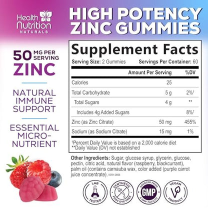 Zink Gummies 50mg pro Portion - Extra starke Immununterstützung, Antioxidans, Gummibärchen, Nicht-GVO & glutenfrei - Bestes Zinkpräparat für Haut, Knochen & Herzgesundheit - Leckerer Beerengeschmack - 120 Gummibärchen