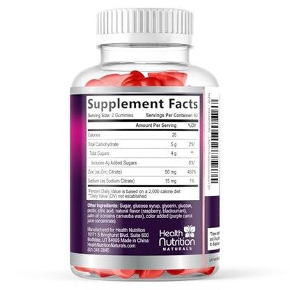 Zink Gummies 50mg pro Portion - Extra starke Immununterstützung, Antioxidans, Gummibärchen, Nicht-GVO & glutenfrei - Bestes Zinkpräparat für Haut, Knochen & Herzgesundheit - Leckerer Beerengeschmack - 120 Gummibärchen