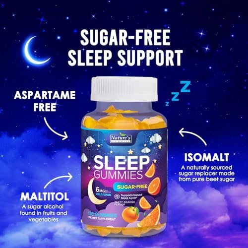 Schlafgummis für Erwachsene - Zuckerfrei Melatonin 6 mg pro Portion - Natürliche Null-Zucker Schlafgummis für Erwachsene & Kinder - Orangen Geschmack, Extra starke Schlafunterstützung - 120 Gummis
