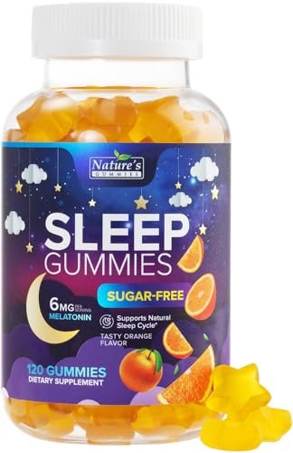 Schlafgummis für Erwachsene - Zuckerfrei Melatonin 6 mg pro Portion - Natürliche Null-Zucker Schlafgummis für Erwachsene & Kinder - Orangen Geschmack, Extra starke Schlafunterstützung - 120 Gummis