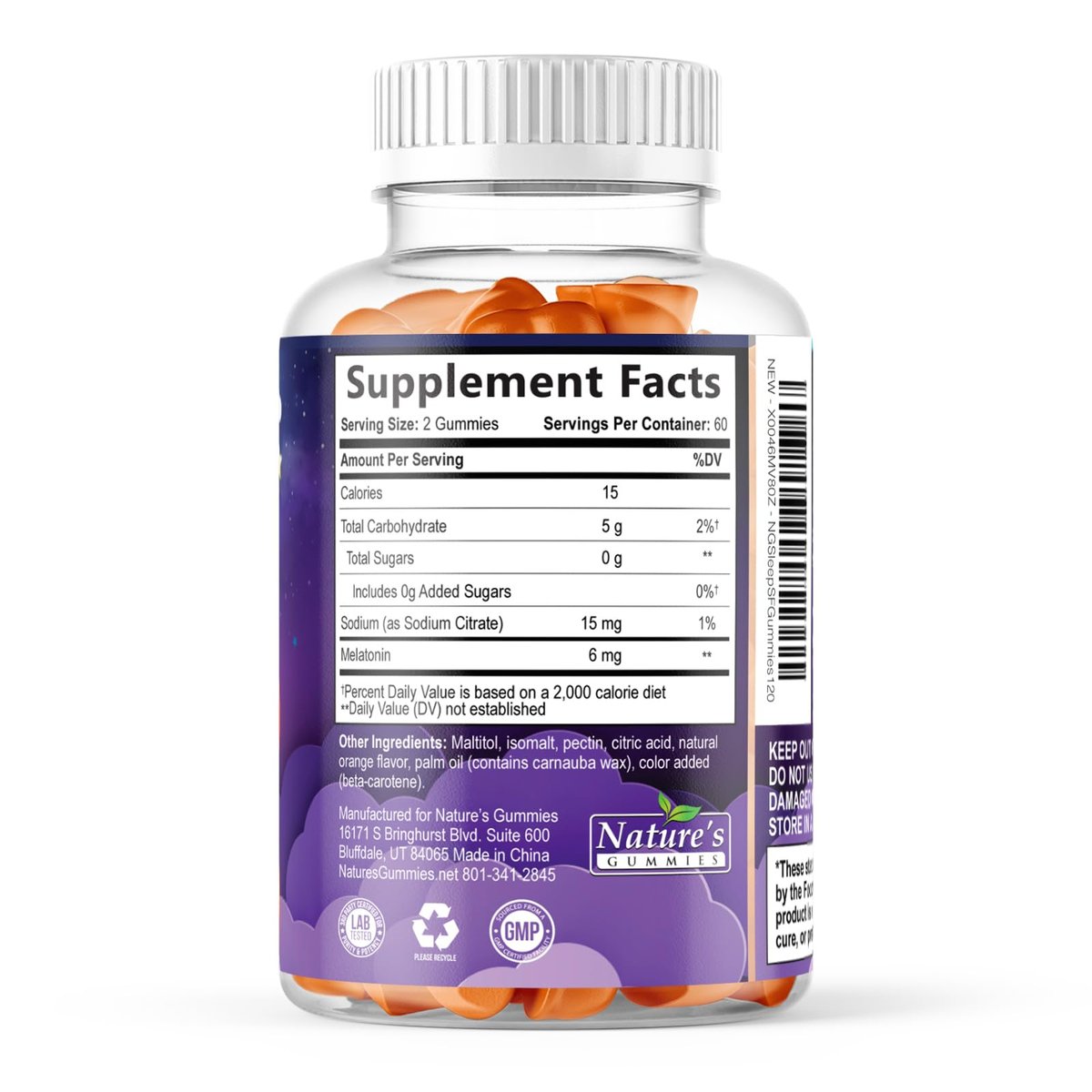 Schlafgummis für Erwachsene - Zuckerfrei Melatonin 6 mg pro Portion - Natürliche Null-Zucker Schlafgummis für Erwachsene & Kinder - Orangen Geschmack, Extra starke Schlafunterstützung - 120 Gummis