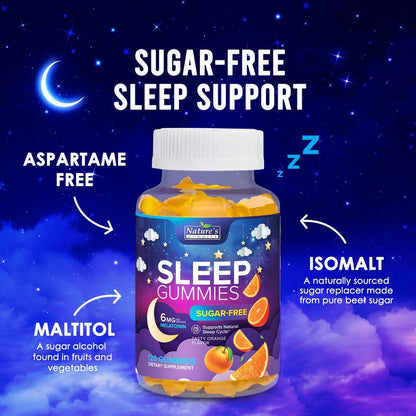 Schlafgummis für Erwachsene - Zuckerfrei Melatonin 6 mg pro Portion - Natürliche Null-Zucker Schlafgummis für Erwachsene & Kinder - Orangen Geschmack, Extra starke Schlafunterstützung - 120 Gummis