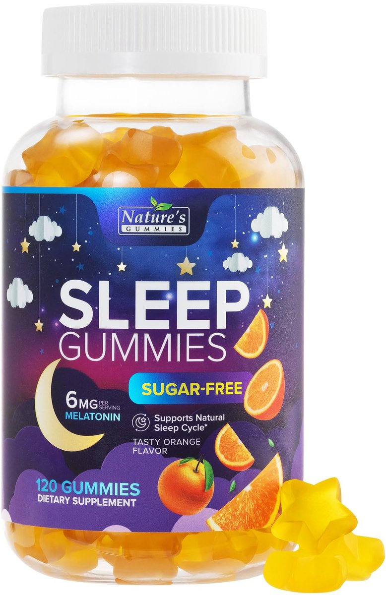 Schlafgummis für Erwachsene - Zuckerfrei Melatonin 6 mg pro Portion - Natürliche Null-Zucker Schlafgummis für Erwachsene & Kinder - Orangen Geschmack, Extra starke Schlafunterstützung - 120 Gummis