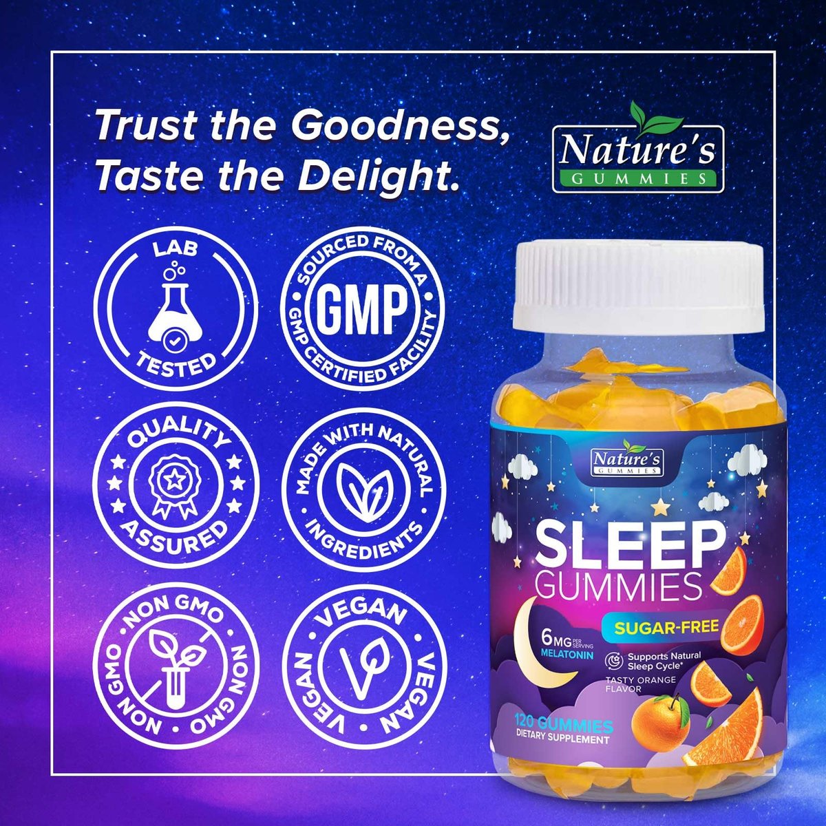 Schlafgummis für Erwachsene - Zuckerfrei Melatonin 6 mg pro Portion - Natürliche Null-Zucker Schlafgummis für Erwachsene & Kinder - Orangen Geschmack, Extra starke Schlafunterstützung - 120 Gummis