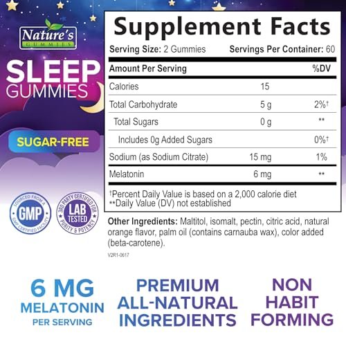 Schlafgummis für Erwachsene - Zuckerfrei Melatonin 6 mg pro Portion - Natürliche Null-Zucker Schlafgummis für Erwachsene & Kinder - Orangen Geschmack, Extra starke Schlafunterstützung - 120 Gummis
