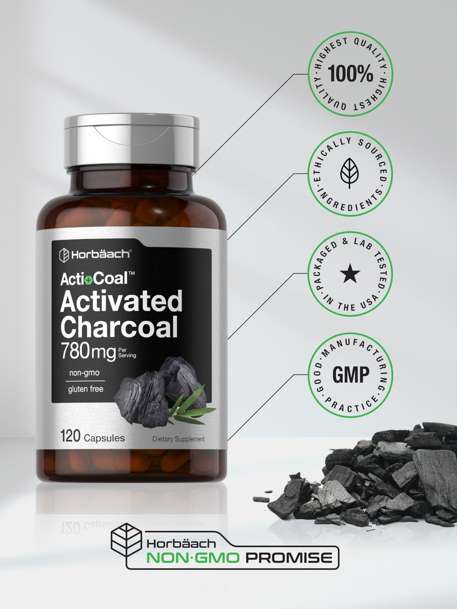 Horbäach Aktivkohle Kapseln 780 mg | 120 Kapseln | Aktivkohle aus Kokosnussschalen | Non-GMO und Glutenfrei | Acti-Coal