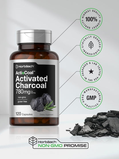 Horbäach Aktivkohle Kapseln 780 mg | 120 Kapseln | Aktivkohle aus Kokosnussschalen | Non-GMO und Glutenfrei | Acti-Coal