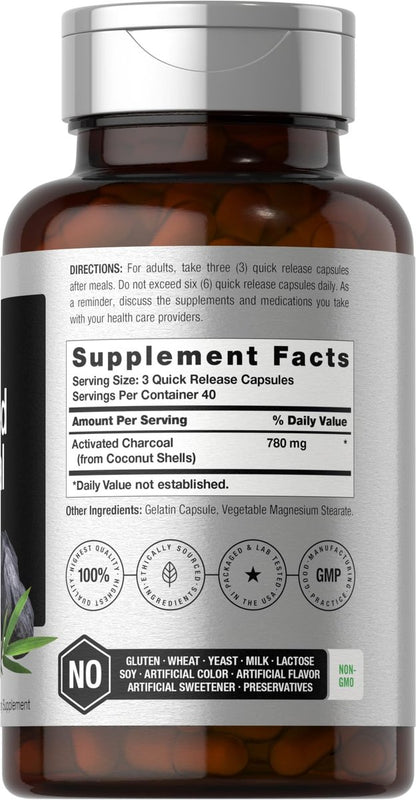 Horbäach Aktivkohle Kapseln 780 mg | 120 Kapseln | Aktivkohle aus Kokosnussschalen | Non-GMO und Glutenfrei | Acti-Coal