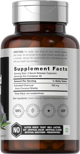 Horbäach Aktivkohle Kapseln 780 mg | 120 Kapseln | Aktivkohle aus Kokosnussschalen | Non-GMO und Glutenfrei | Acti-Coal