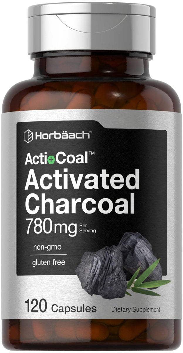 Horbäach Aktivkohle Kapseln 780 mg | 120 Kapseln | Aktivkohle aus Kokosnussschalen | Non-GMO und Glutenfrei | Acti-Coal