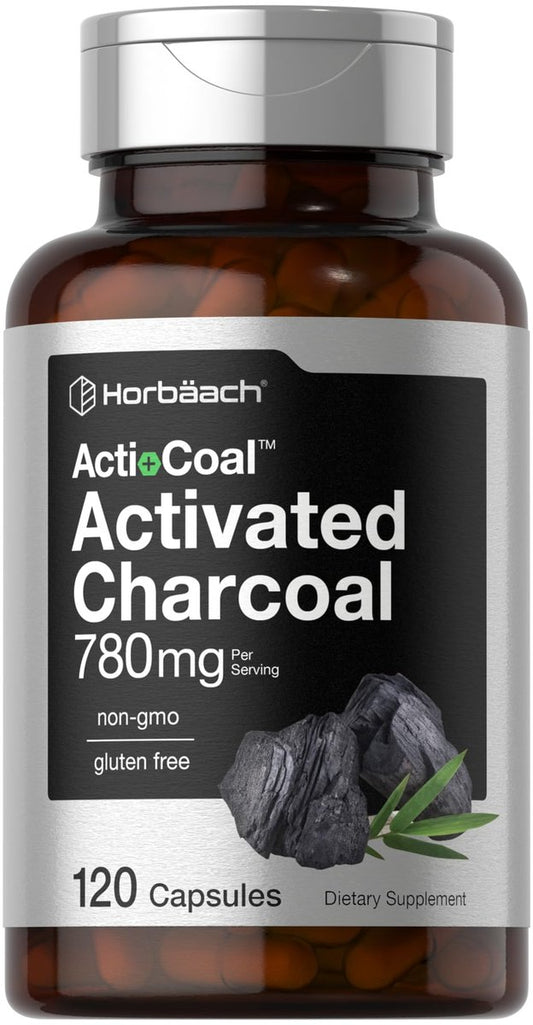 Horbäach Aktivkohle Kapseln 780 mg | 120 Kapseln | Aktivkohle aus Kokosnussschalen | Non-GMO und Glutenfrei | Acti-Coal