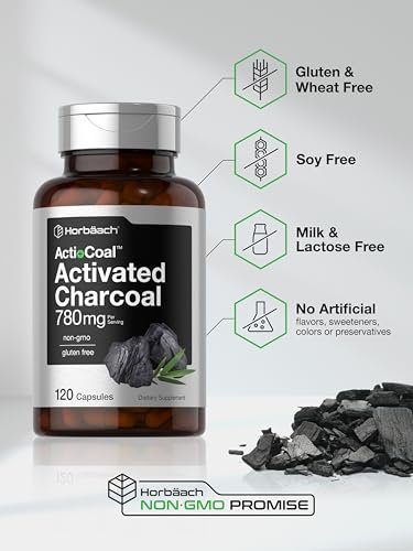 Horbäach Aktivkohle Kapseln 780 mg | 120 Kapseln | Aktivkohle aus Kokosnussschalen | Non-GMO und Glutenfrei | Acti-Coal