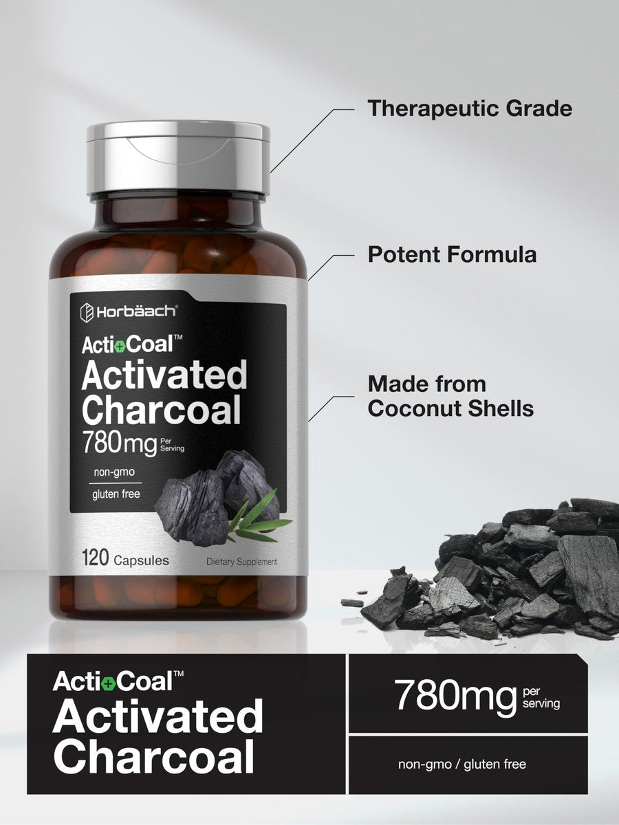 Horbäach Aktivkohle Kapseln 780 mg | 120 Kapseln | Aktivkohle aus Kokosnussschalen | Non-GMO und Glutenfrei | Acti-Coal