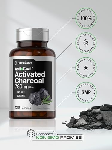 Horbäach Aktivkohle Kapseln 780 mg | 120 Kapseln | Aktivkohle aus Kokosnussschalen | Non-GMO und Glutenfrei | Acti-Coal