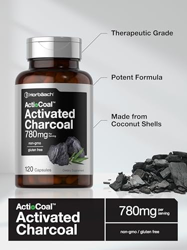 Horbäach Aktivkohle Kapseln 780 mg | 120 Kapseln | Aktivkohle aus Kokosnussschalen | Non-GMO und Glutenfrei | Acti-Coal