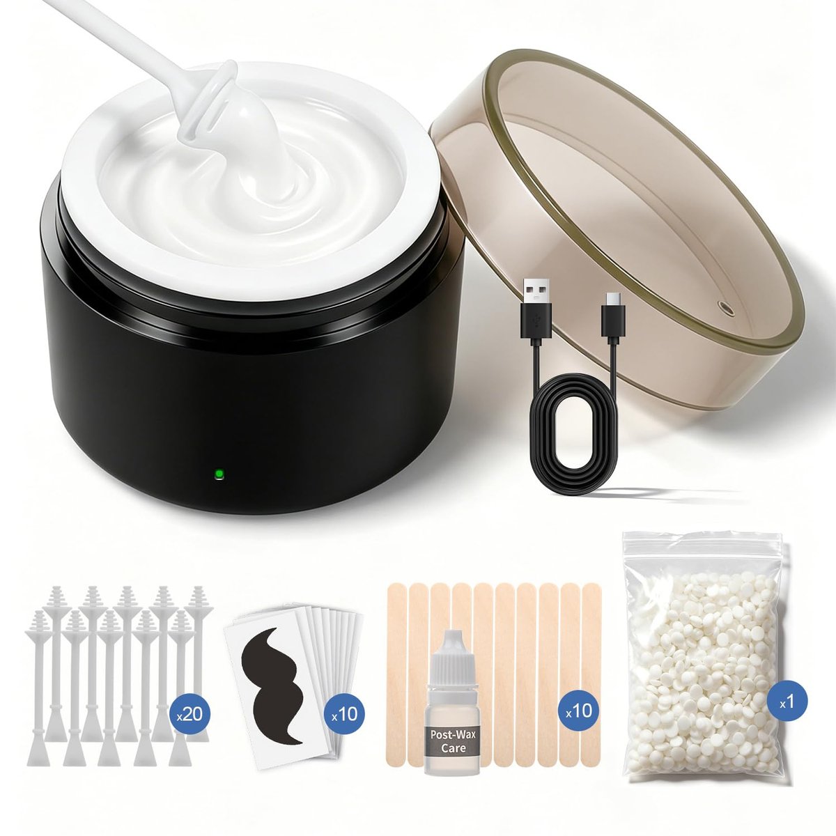 Nasenwachs-Set für Männer & Frauen – 100g Wachsperlen, 20 Sticks, Mini-Wachswärmer, USB – für Gesicht, Augenbrauen, Lippen – Schwarz (USB)