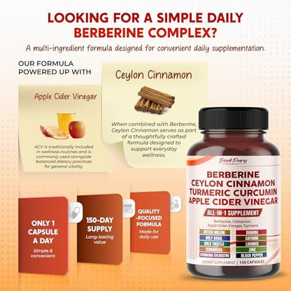 PEAKPURY Berberine Cinnamon Apfelessig Kurkuma – Ganzheitliches Wohlbefinden, 150 Kapseln