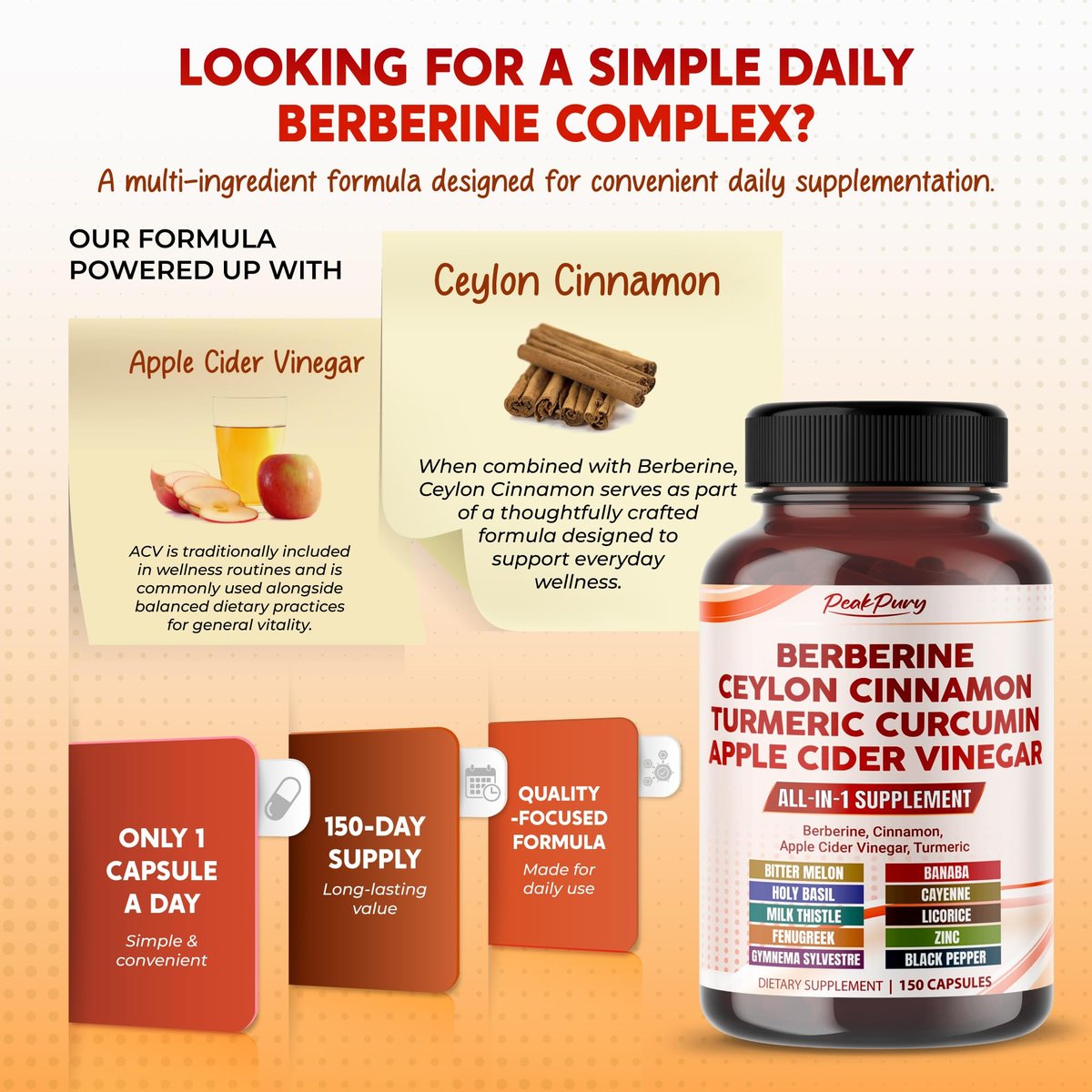 PEAKPURY Berberine Cinnamon Apfelessig Kurkuma – Ganzheitliches Wohlbefinden, 150 Kapseln