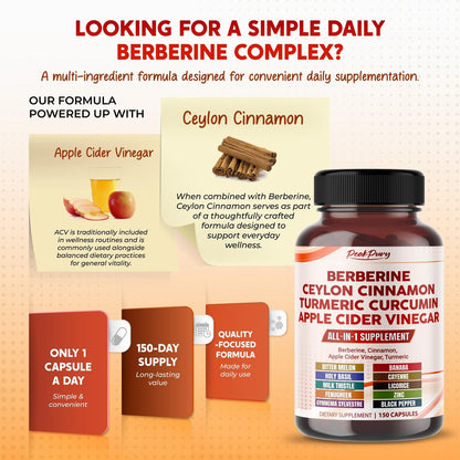 PEAKPURY Berberine Cinnamon Apfelessig Kurkuma – Ganzheitliches Wohlbefinden, 150 Kapseln