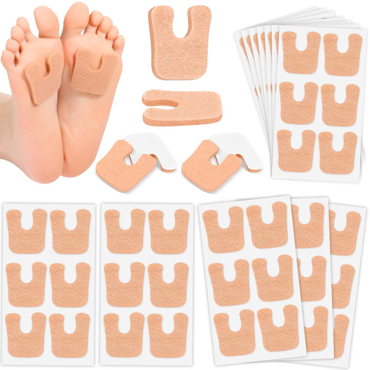 Jollidecor Hornhautpads U-förmig aus Filz – 72 selbstklebende Fußpads zum Schutz vor Reibung, beige